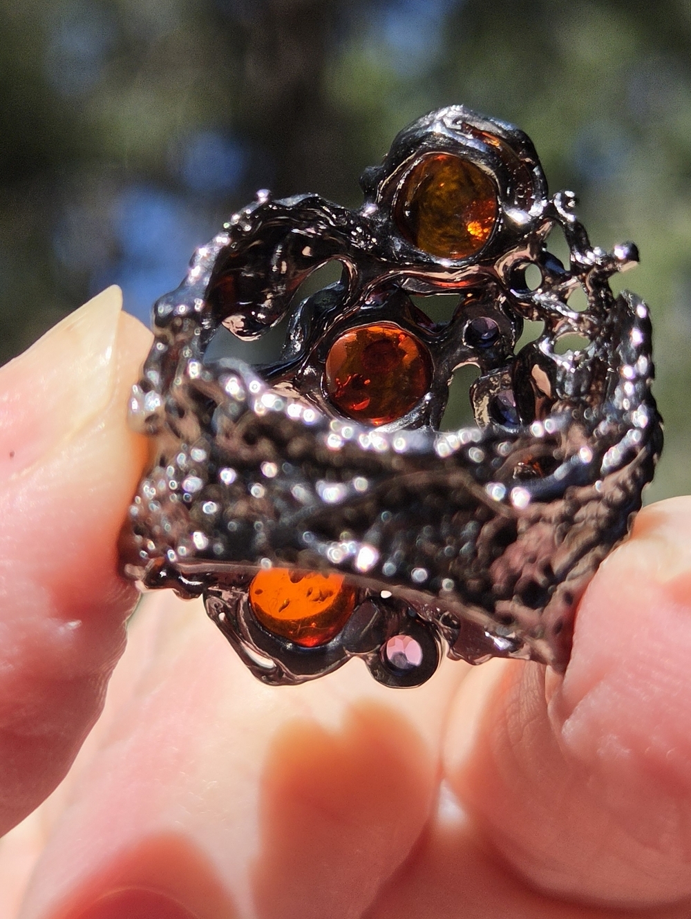 Amber & Amethyst Natural Gemstone Sterling & Rhodium Cocktail Ring Sz7 - Picture 8 of 10